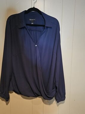 INC International Concepts Navy Blue Blouse 18W Plus Size Draped Wrap Front
